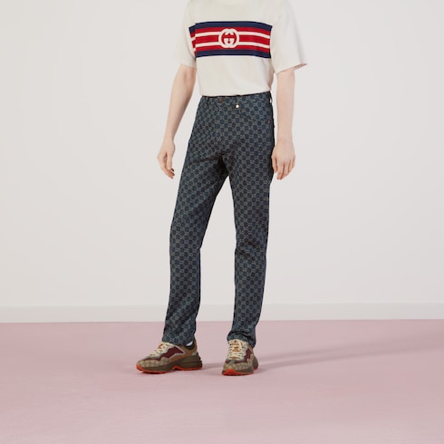 Washed GG denim pant in dark blue and ivory | GUCCI® US