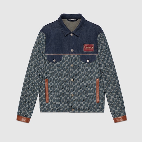 Washed organic denim jacket in dark blue and ivory | GUCCI® US