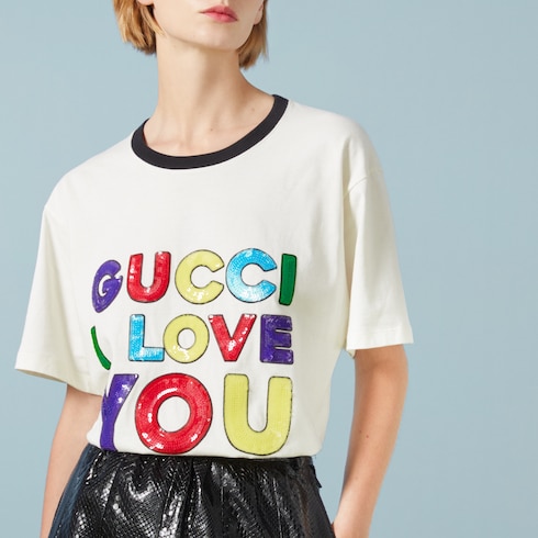 Cotton jersey t-shirt with embroidery in off white | GUCCI® Canada