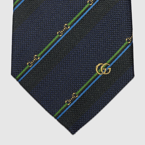 Horsebit silk jacquard tie in dark blue and green | GUCCI® US