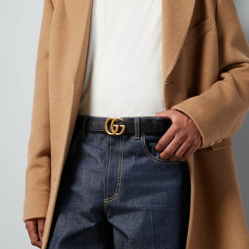 Men's Slim Black Leather Belt With Gold Double G Buckle | GUCCI