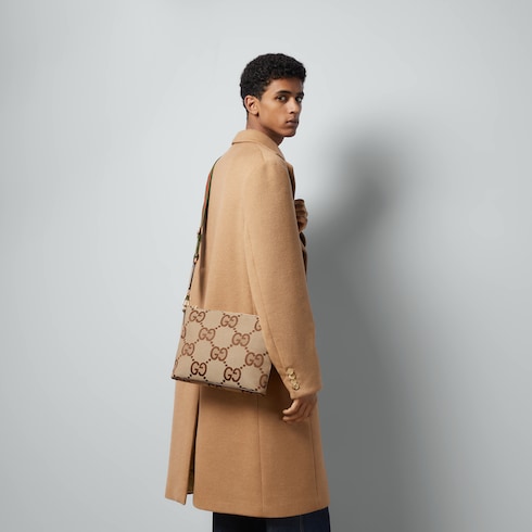 Medium messenger bag in camel and ebony GG canvas | GUCCI® US 