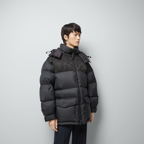 Nylon down jacket with GG inserts in black | GUCCI® Canada