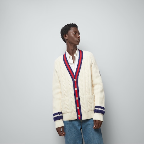 Cable wool knit cardigan with Web in White Ready to wear GUCCI SI