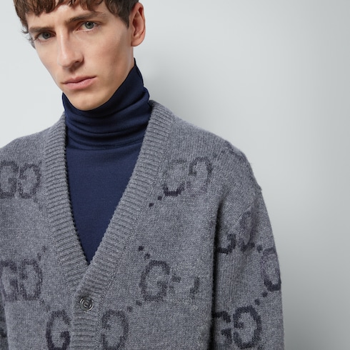 Wool cardigan with GG intarsia in grey | GUCCI® US