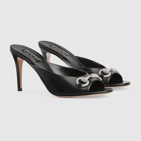 Women s mid heel slide sandal in black leather GUCCI