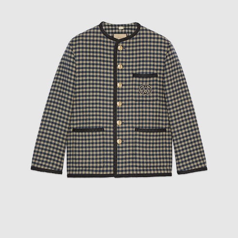 Wool gingham jacket with Interlocking G in beige and blue GUCCI AE