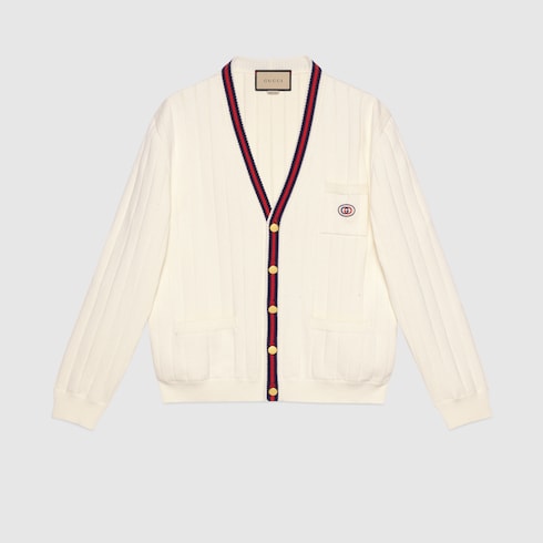 Knit cotton V-neck cardigan with Web in ivory | GUCCI® US