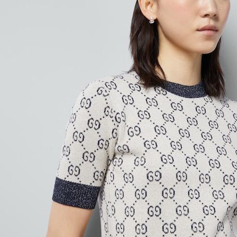 GG lamé jacquard top in ivory and blue | GUCCI® Canada