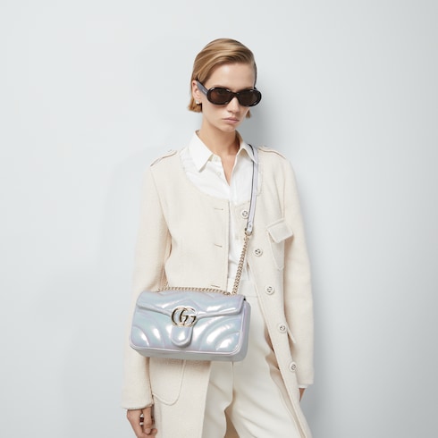 GG Marmont small shoulder bag in White Blue Leather | GUCCI® SI GG Marmont small shoulder bag in White Blue Leather | GUCCI® SI