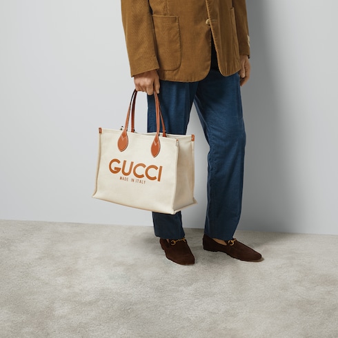 Medium tote bag with Gucci print in Beige canvas | GUCCI® US