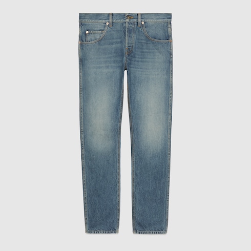 GUCCI - Leather-Trimmed Logo-Jacquard Denim Jeans - Blue Gucci