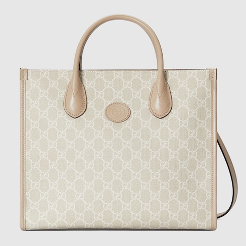 Small tote bag with Interlocking G in beige and white GG Supreme