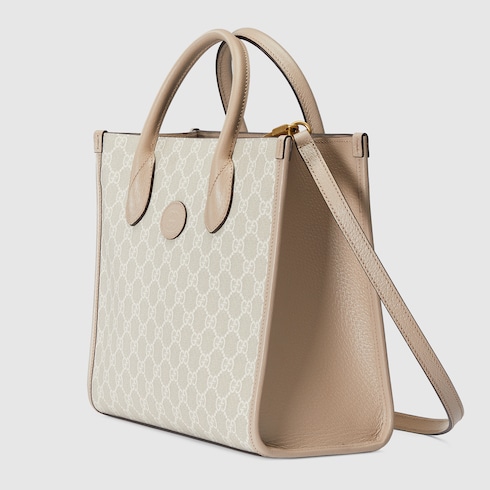 Small tote bag with Interlocking G in beige and white GG Supreme