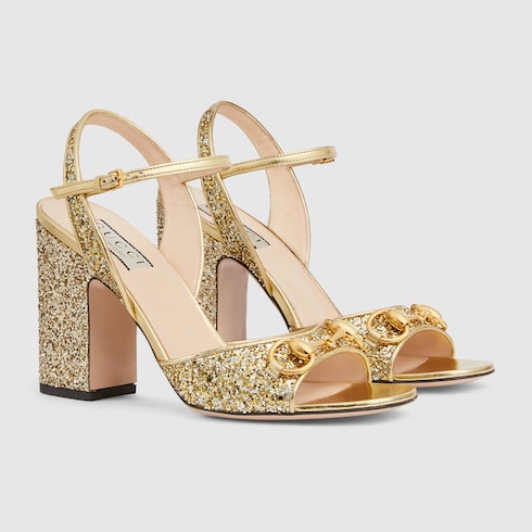 Women s mid heel sandal with Horsebit in gold leather GUCCI