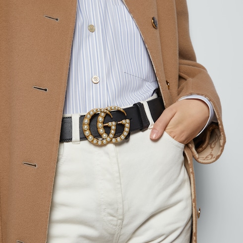 Ceinture large GG Marmont avec perles en cuir noir GUCCI CH