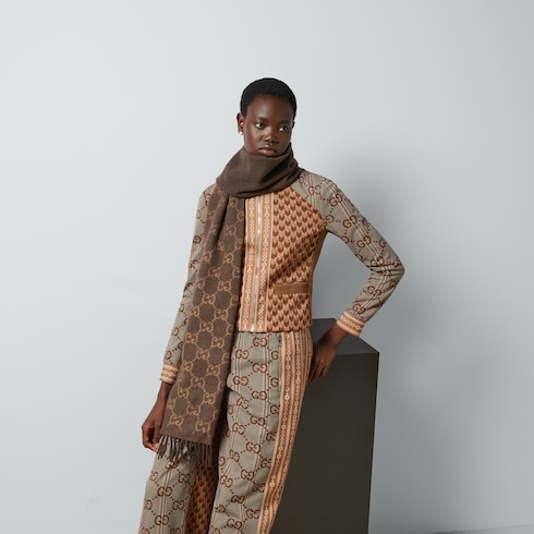 GG cashmere scarf in Brown Cashmere Wool | GUCCI® SI