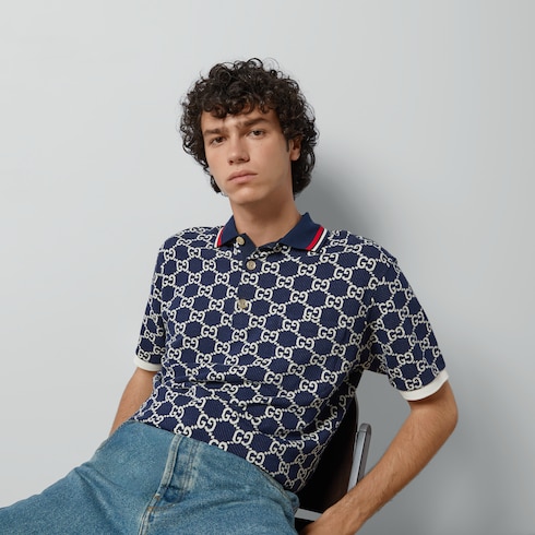 Polo GG en jacquard de jersey et coton en bleu et ivoire