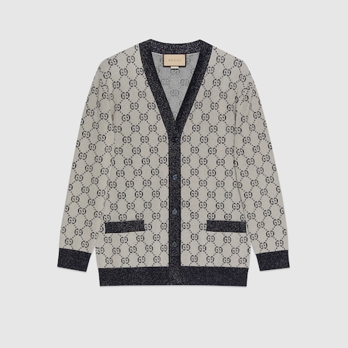 GG cotton jacquard cardigan in ivory and blue | GUCCI® US