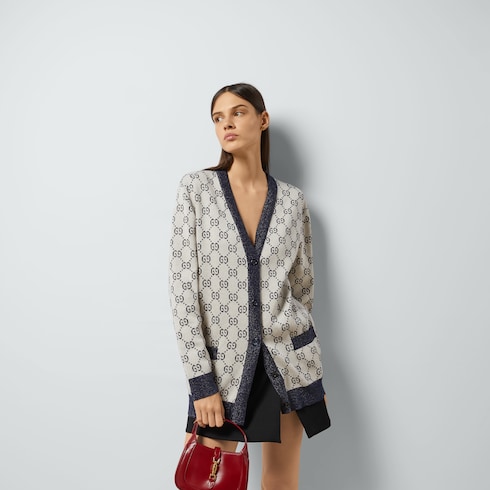 GG cotton jacquard cardigan in ivory and blue | GUCCI® US