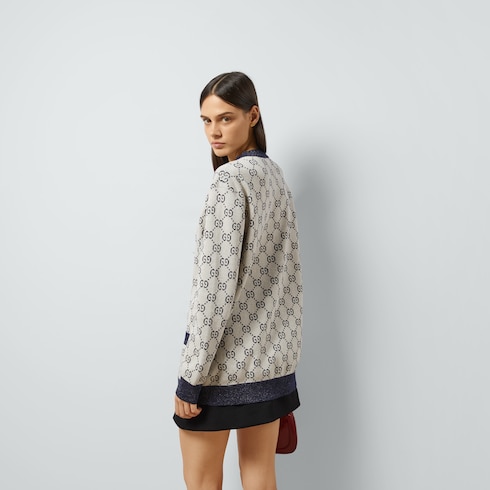 GG cotton jacquard cardigan in ivory and blue | GUCCI® US