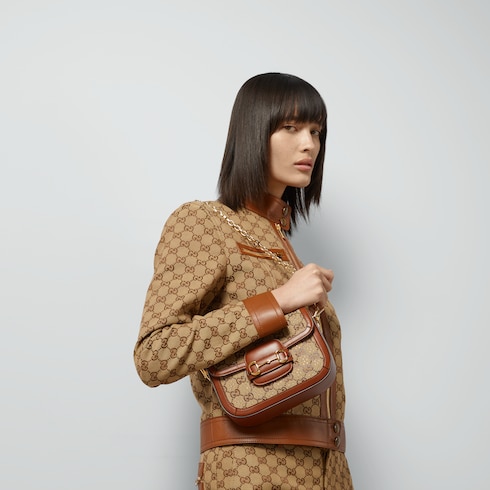 Gucci Horsebit 1955 mini shoulder bag in camel and ebony canvas GUCCI Canada