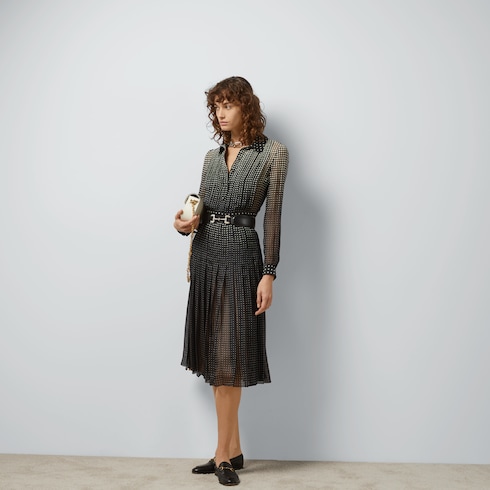 Hexagon print silk chiffon dress in Black Ready-to-wear | GUCCI® SI