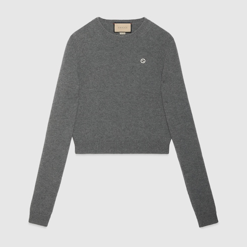 Wool cashmere jumper with embroidery in grey | GUCCI® Australia