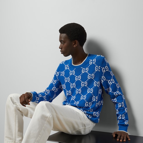 Pullover mit GG Baumwoll-Intarsie in kobaltblau und elfenbein  