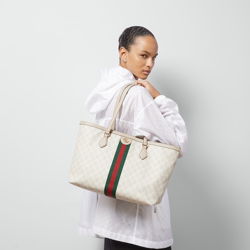 Ophidia GG medium tote in beige and white canvas GUCCI US