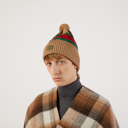 Wool knit hat with Web stripe in camel