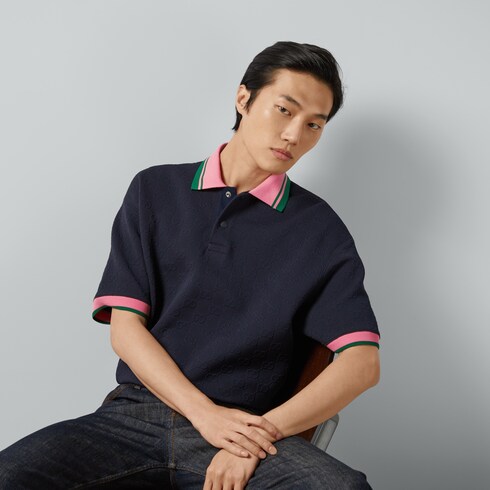 GG nylon jacquard polo top in navy | GUCCI® LU