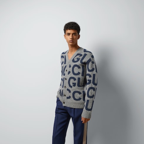 Wool cardigan with Gucci intarsia in grey and blue GUCCI ZA