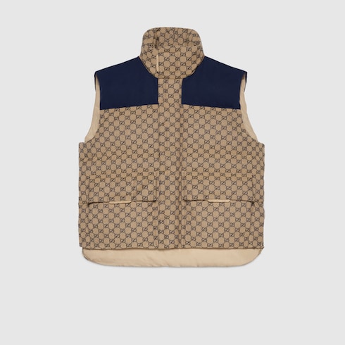 SA GG canvas down vest with detachable hood in beige and blue