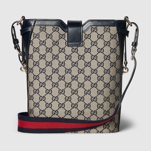 Borsa a secchiello GG misura media in tessuto beige e blu GUCCI CH