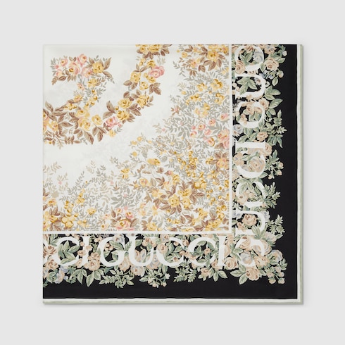 Gucci互扣式双G花卉印花真丝方巾