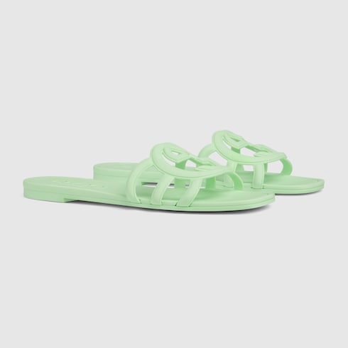 Women's Interlocking G slide sandal in Green Rubber | GUCCI® SI