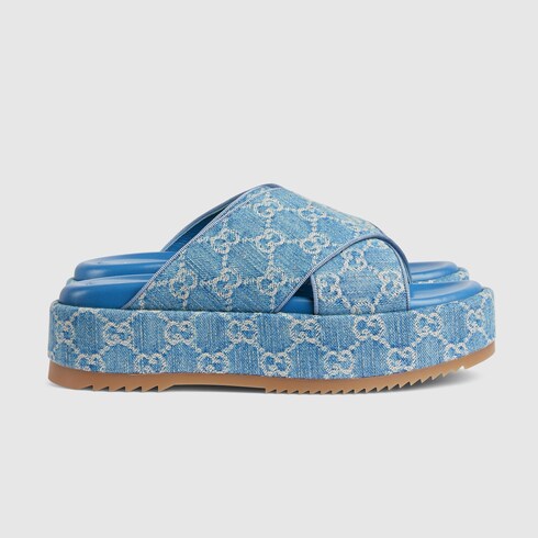 Women s GG platform slide sandal in light blue and ivory denim