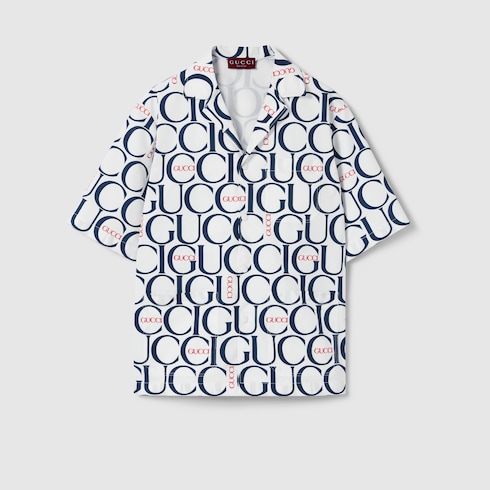 Maxi Gucci print fabric shirt in white and blue | GUCCI® UK