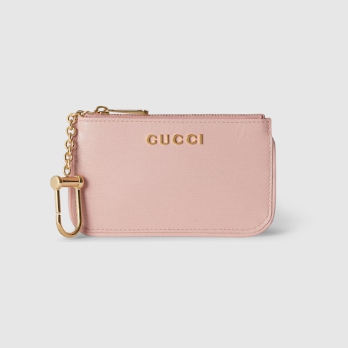 Zip key case with Gucci script in light pink leather GUCCI US