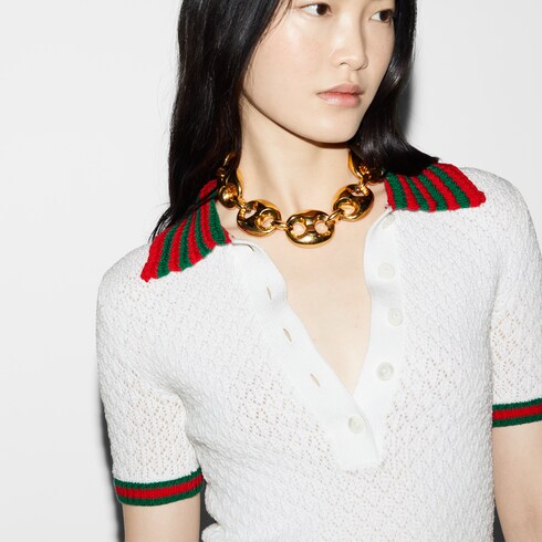 Cotton lace polo T-shirt in white | GUCCI® GR