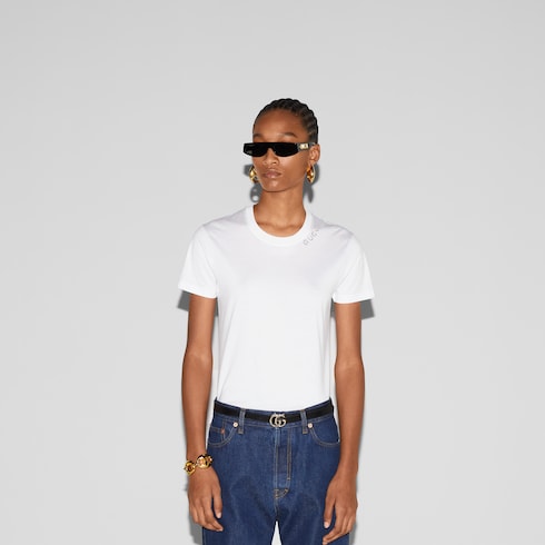 T-shirt in jersey di cotone con cristalli
