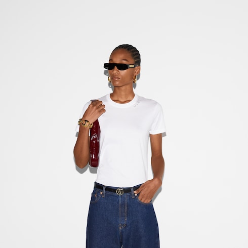 T-shirt in jersey di cotone con cristalli
