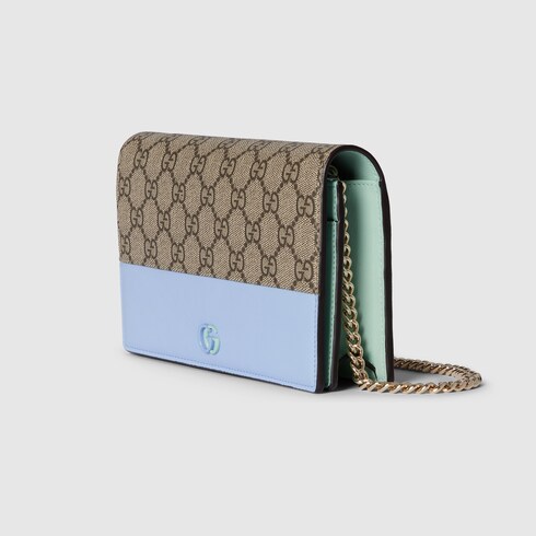 GG Marmont chain wallet in Blue Beige Leather | GUCCI® SI GG Marmont chain wallet in Blue Beige Leather | GUCCI® SI