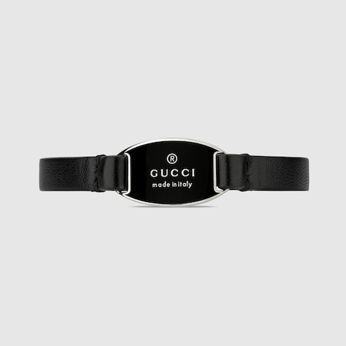 Trademark leather bracelet with tag in black leather, silver | GUCCI® US