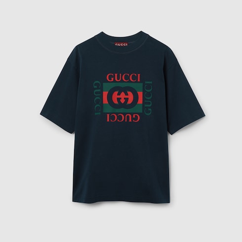 Printed cotton jersey T-shirt in navy | GUCCI® US