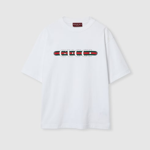 Printed cotton jersey T shirt in white GUCCI US