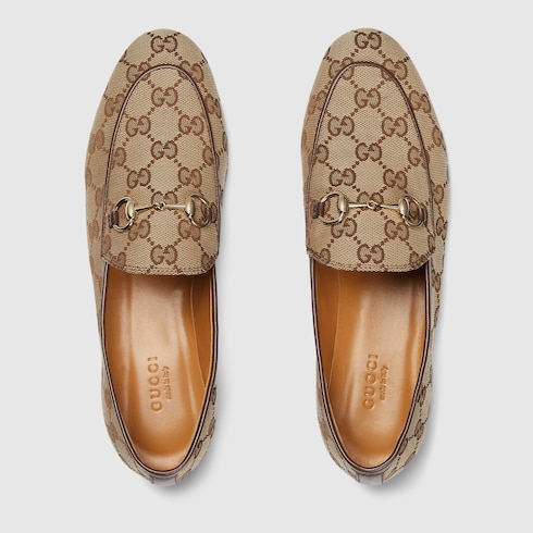 Women's Gucci Jordaan loafer in beige and ebony GG canvas