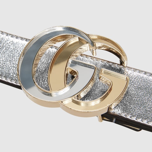 Schmaler GG Marmont Gürtel in silberfarbenes Metallic-Leder  