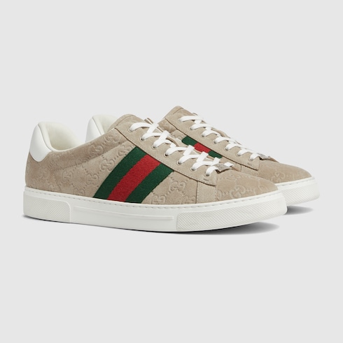 Men s Gucci Ace sneaker with Web in oatmeal GG suede GUCCI Canada